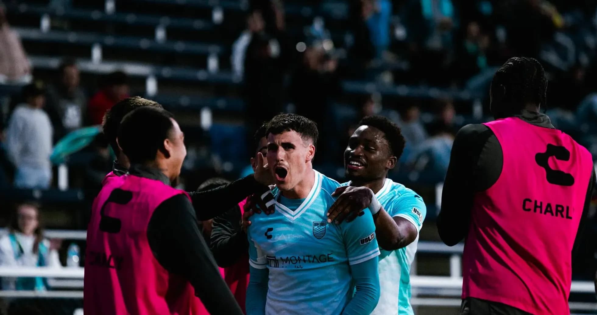 Monterey Bay players celebrating a goal Monterey Bay players celebrating a goal