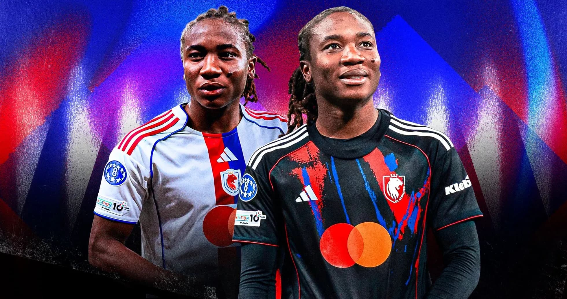 Two players in football kits with graphic background Two players in football kits with graphic background