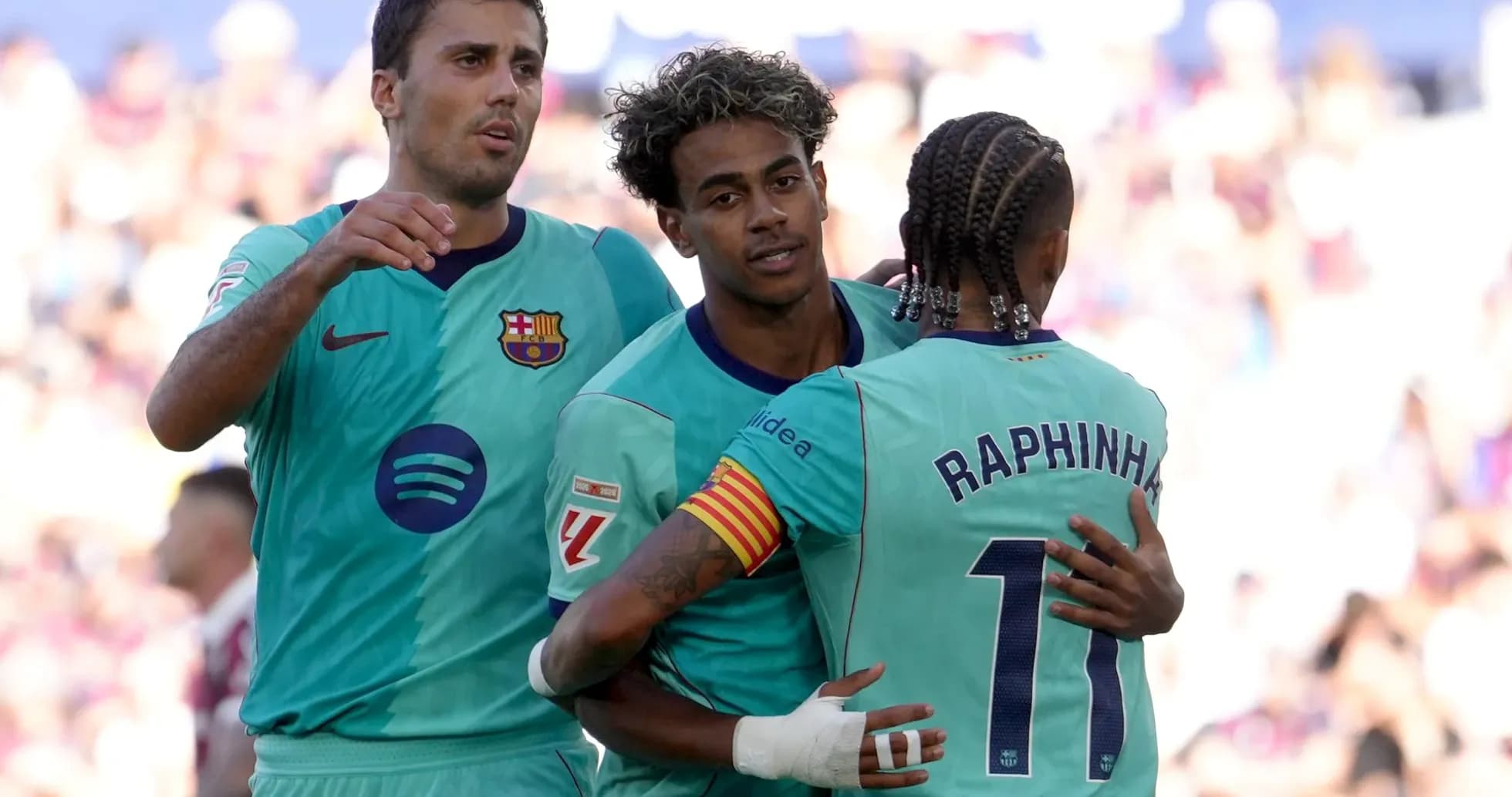 Barcelona players celebrating a goal in La Liga Barcelona players celebrating a goal in La Liga