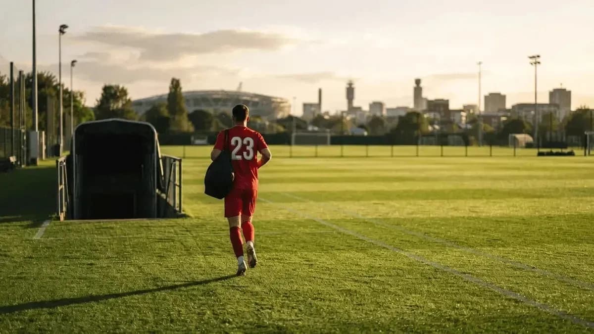 Player in red jersey walking on training pitch Player in red jersey walking on training pitch