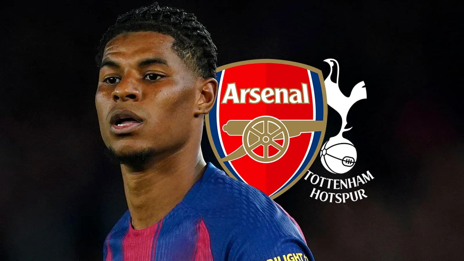 Player in foreground with Arsenal and Tottenham logos Player in foreground with Arsenal and Tottenham logos