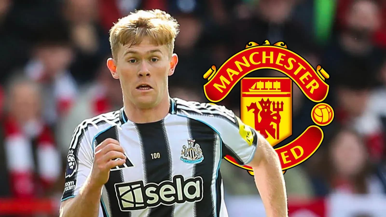 Newcastle player running with Manchester United logo background Newcastle player running with Manchester United logo background