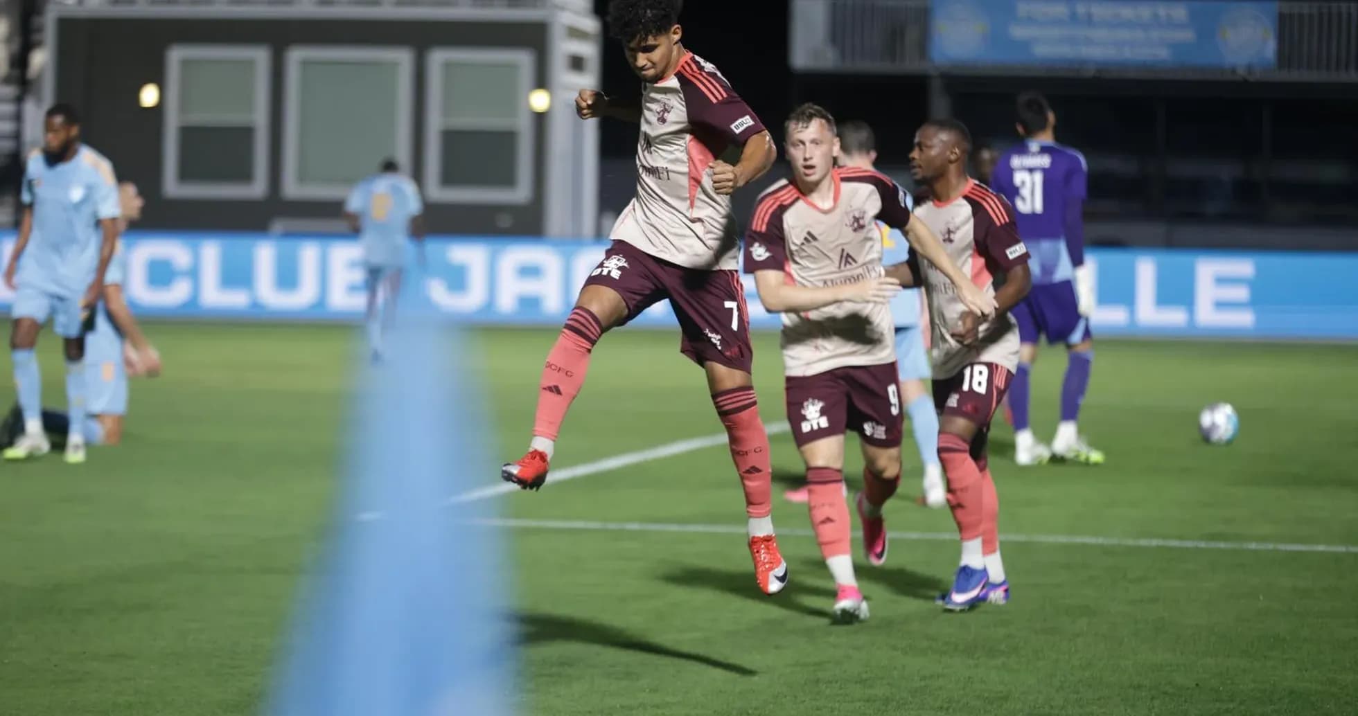 Detroit City players celebrating a goal during match Detroit City players celebrating a goal during match