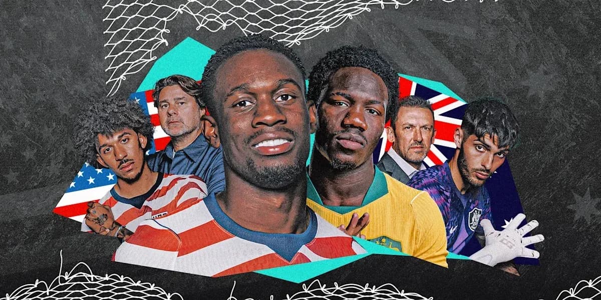 Collage of soccer players and coaches with national flags Collage of soccer players and coaches with national flags