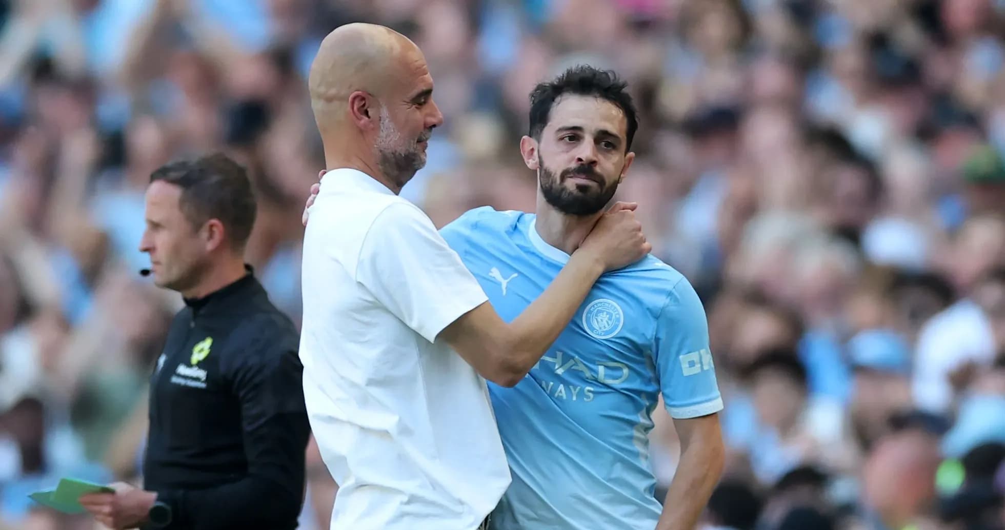 Pep Guardiola embracing Bernardo Silva during match Pep Guardiola embracing Bernardo Silva during match