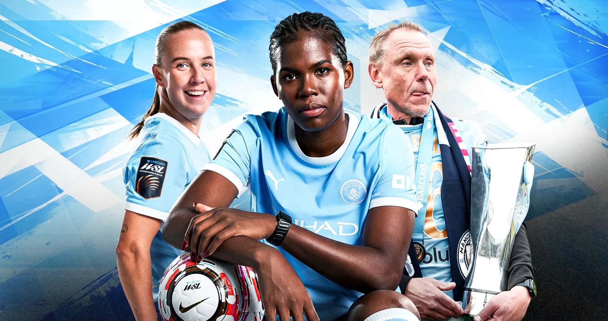 Three Manchester City players with a trophy and ball Three Manchester City players with a trophy and ball