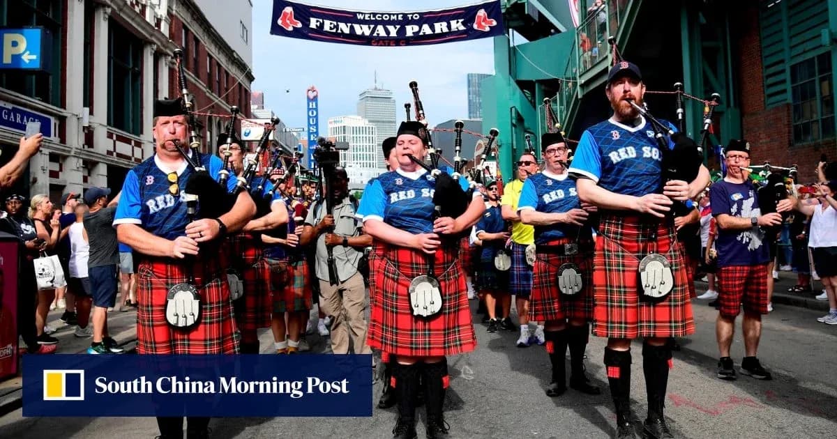 Bagpipers in kilts performing outside Fenway Park Bagpipers in kilts performing outside Fenway Park