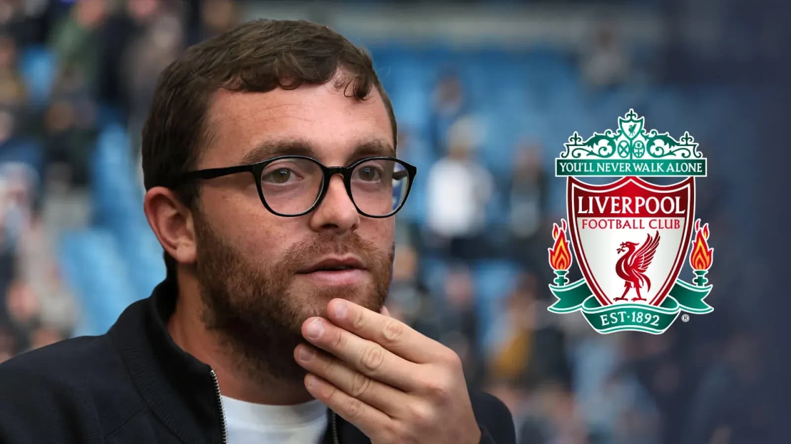 Person in glasses with Liverpool FC logo background Person in glasses with Liverpool FC logo background
