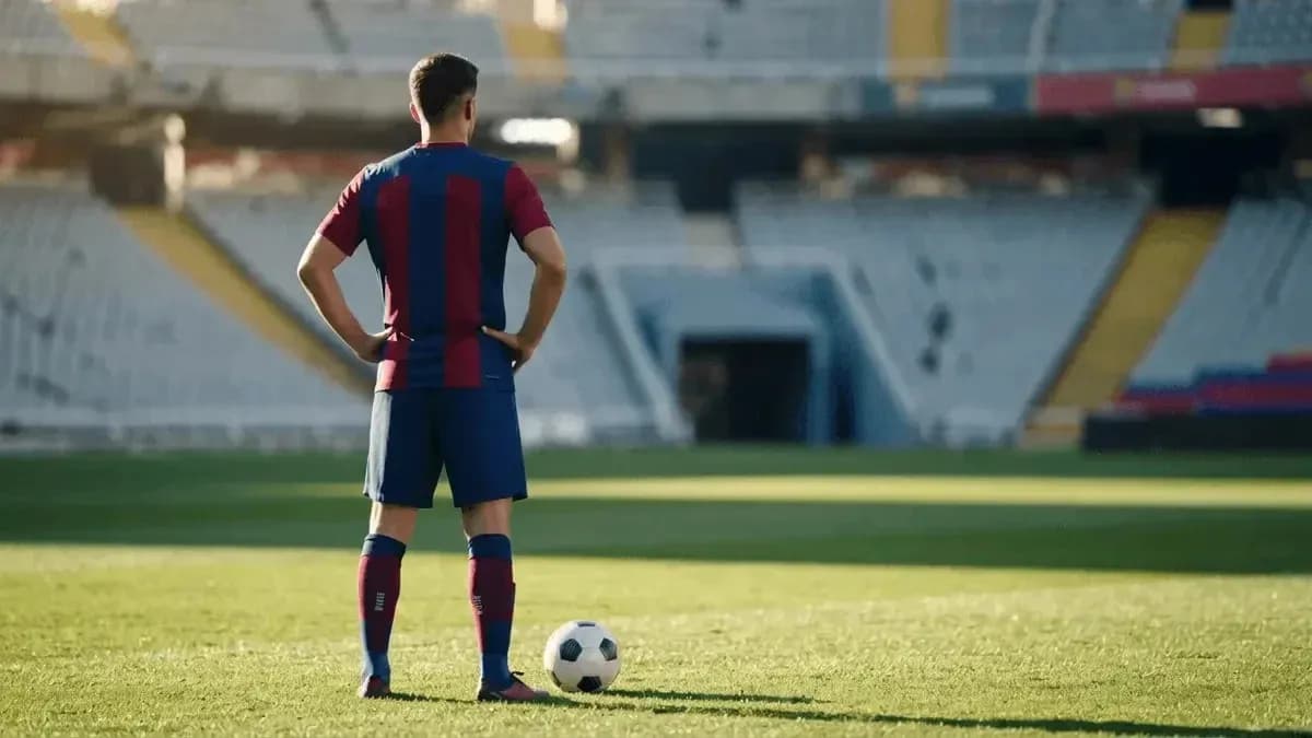 Player in Barcelona kit standing over soccer ball Player in Barcelona kit standing over soccer ball