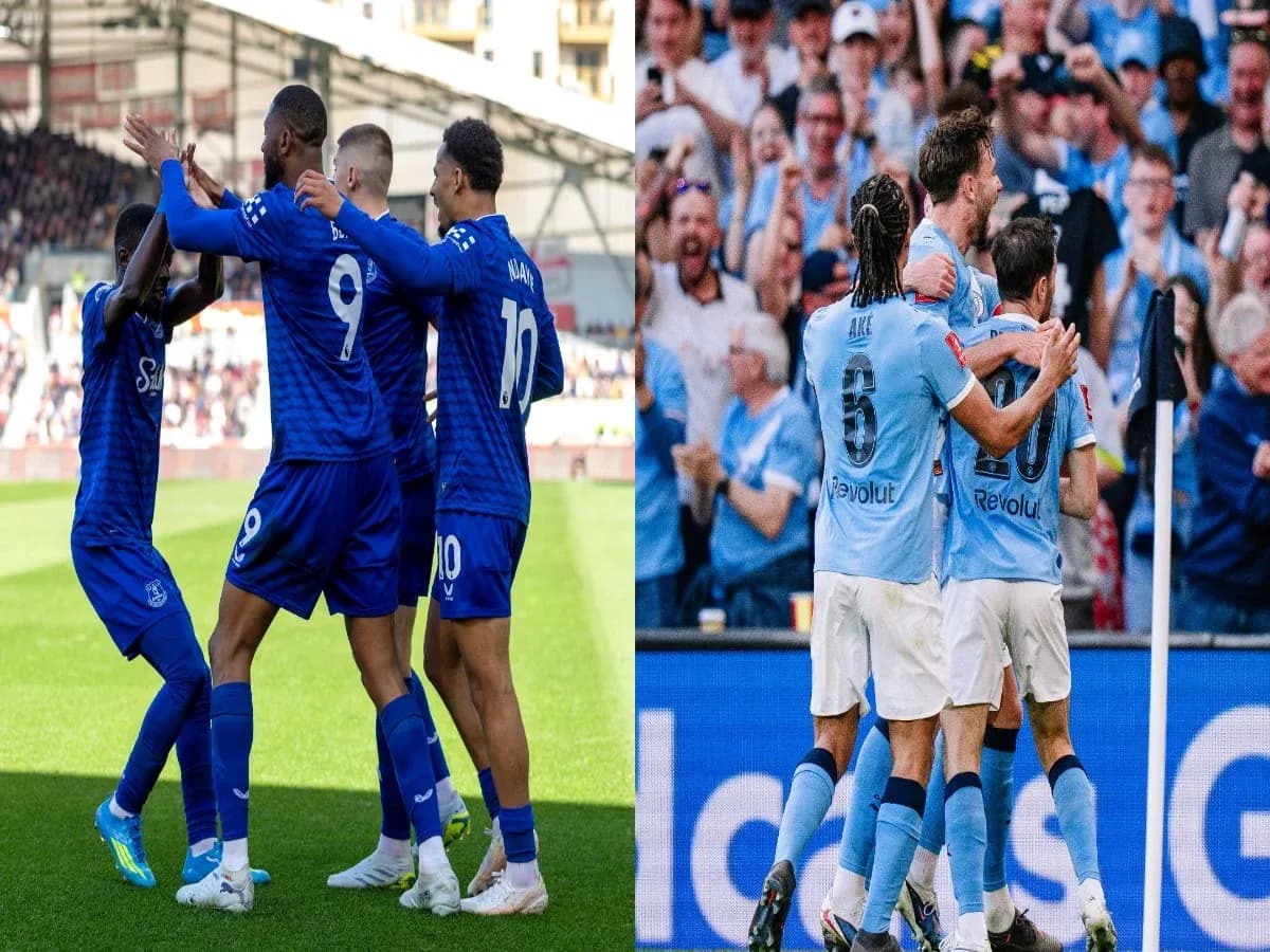 Everton and Manchester City players celebrating goals Everton and Manchester City players celebrating goals