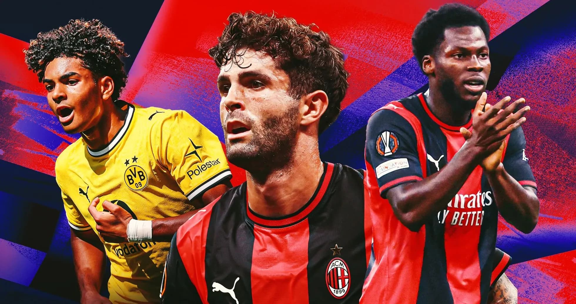 Three football players in team jerseys on colorful background Three football players in team jerseys on colorful background