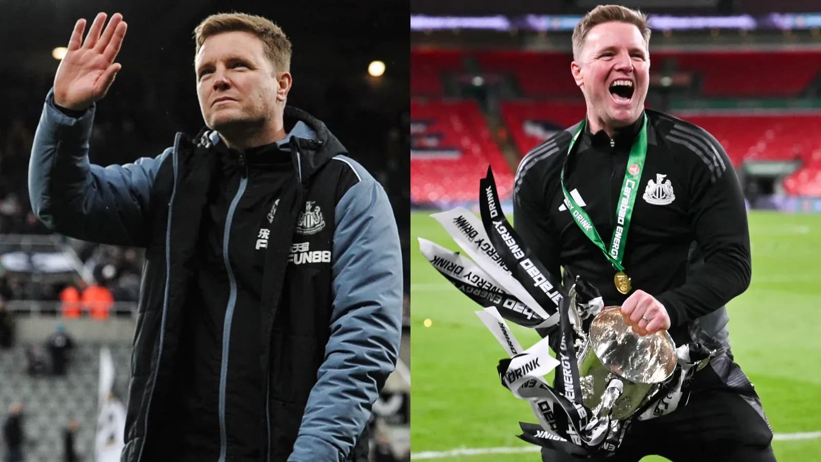 Newcastle manager celebrating with trophy and medals Newcastle manager celebrating with trophy and medals