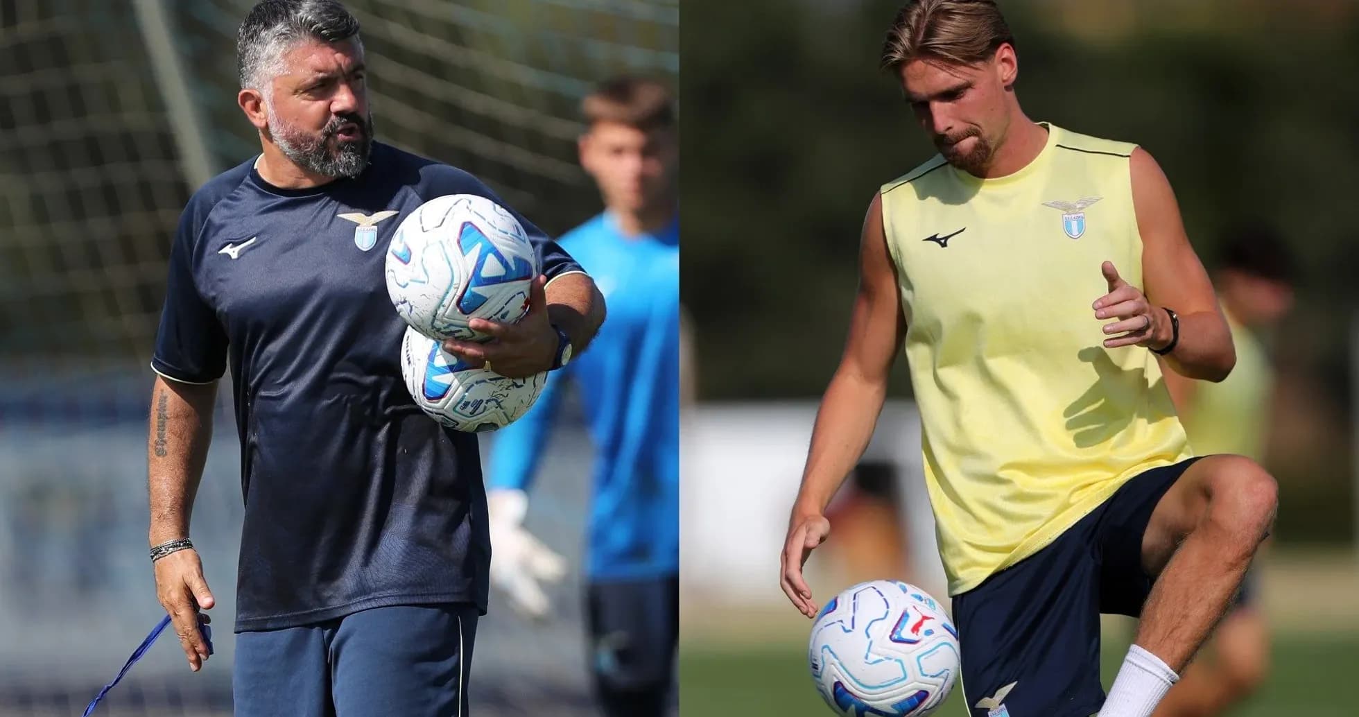 Coach holding balls while player practices juggling Coach holding balls while player practices juggling
