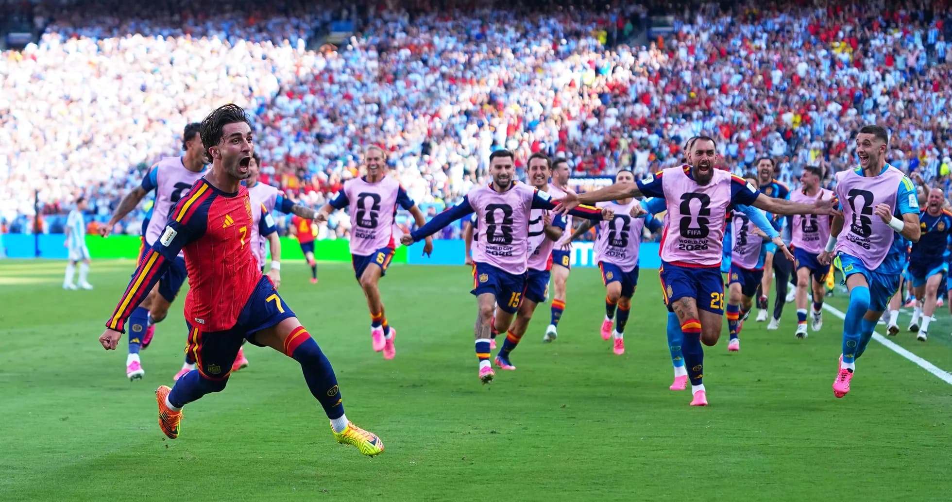 Spain players celebrating a goal against Argentina Spain players celebrating a goal against Argentina