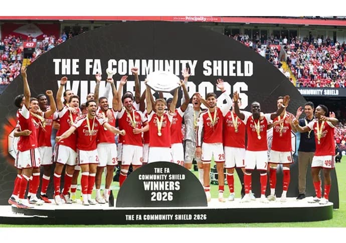 Arsenal players celebrating FA Community Shield victory 2026 Arsenal players celebrating FA Community Shield victory 2026