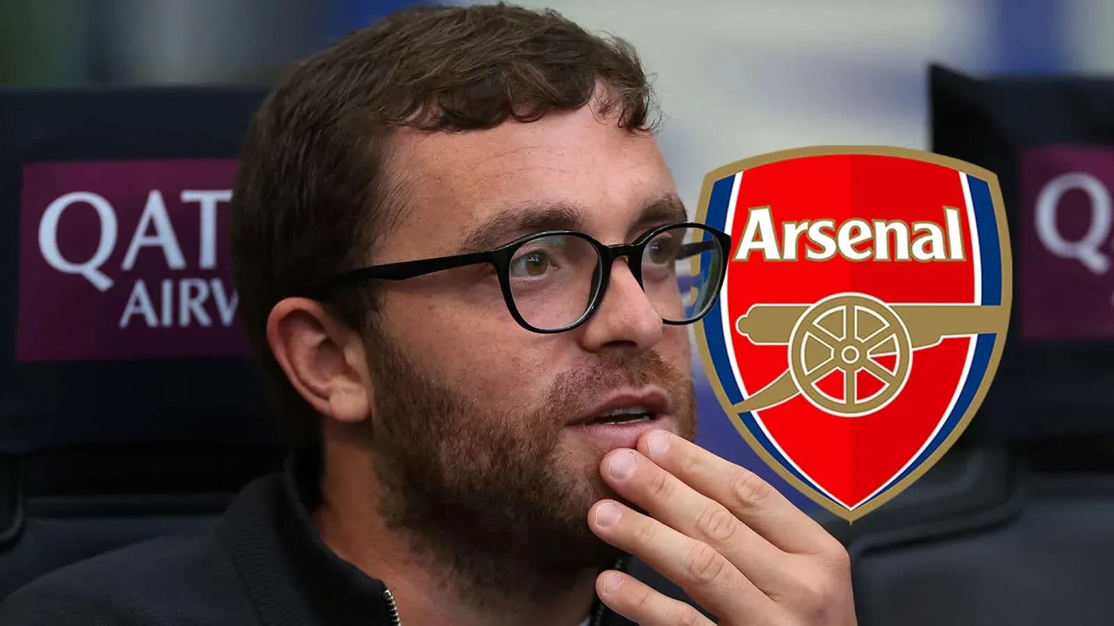 Person with glasses sitting near Arsenal logo Person with glasses sitting near Arsenal logo