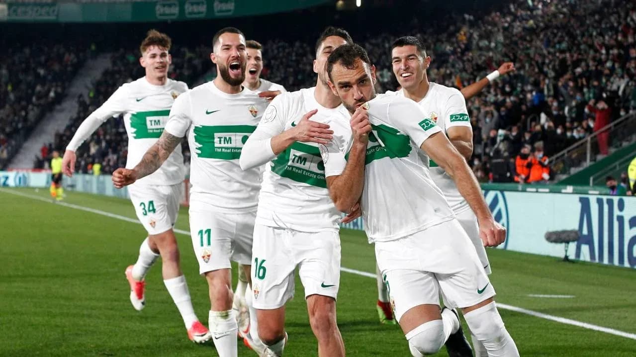 Elche players celebrating a goal during match Elche players celebrating a goal during match