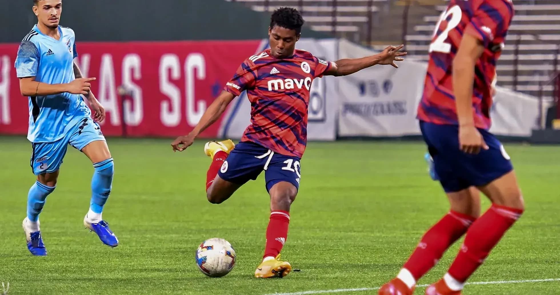 Player kicking ball during St. Louis City II match Player kicking ball during St. Louis City II match