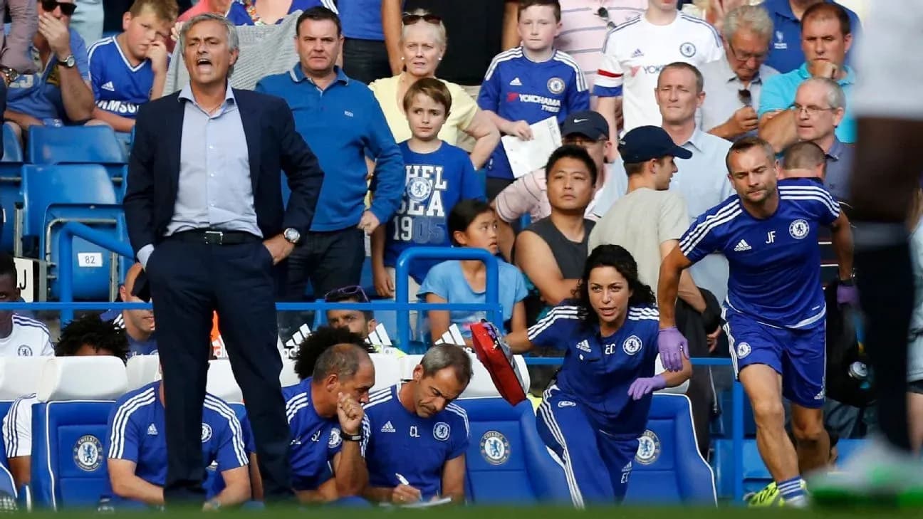 Jose Mourinho coaching with Chelsea staff during match Jose Mourinho coaching with Chelsea staff during match