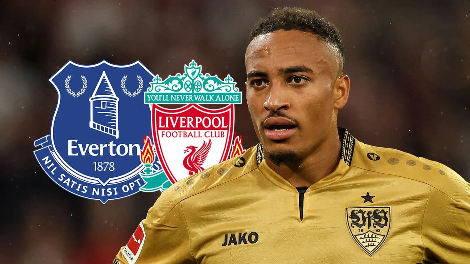Player in gold jersey with Everton and Liverpool logos Player in gold jersey with Everton and Liverpool logos