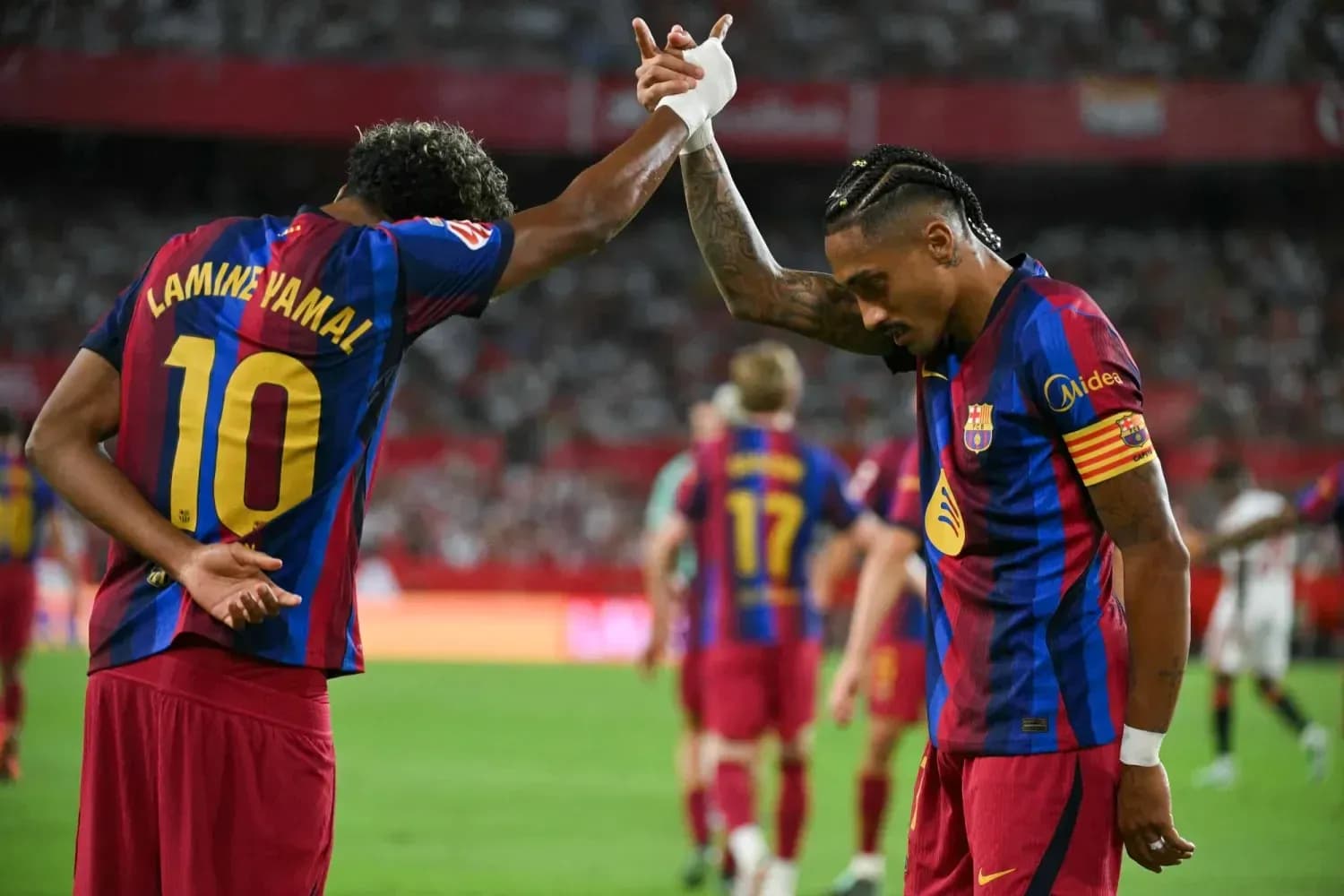 Barcelona players celebrating during La Liga match Barcelona players celebrating during La Liga match