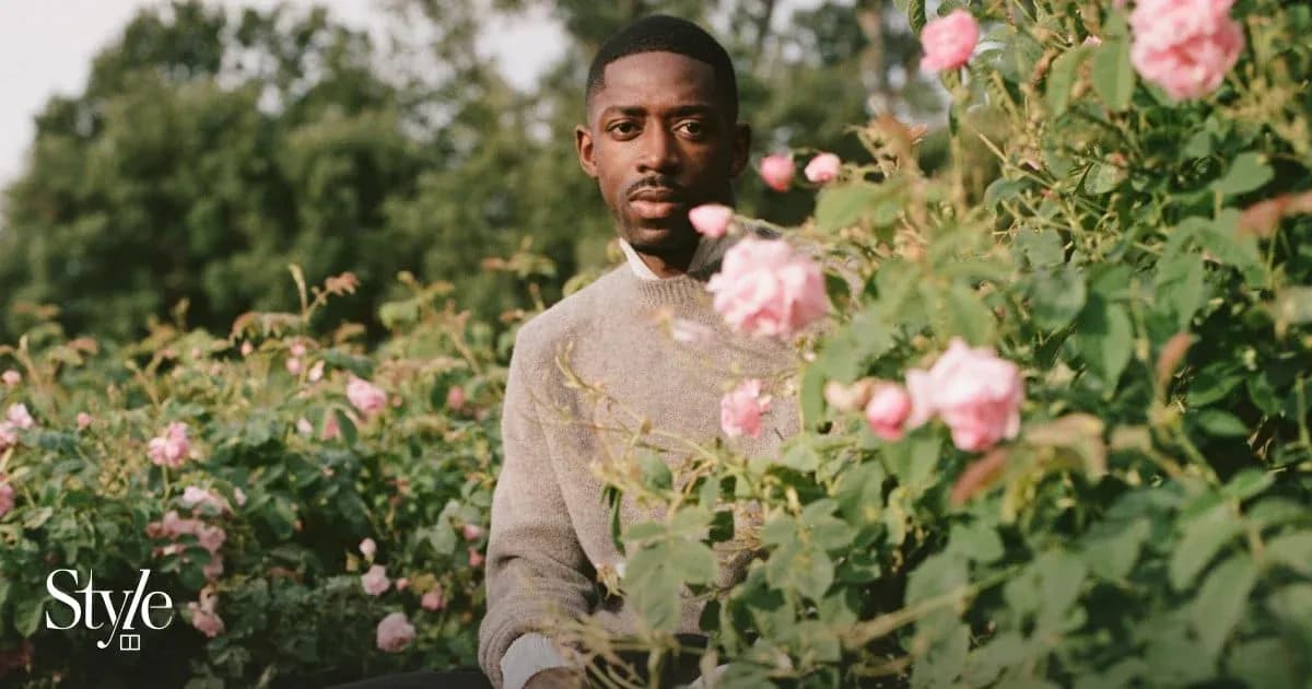 Man sitting among pink roses in garden Man sitting among pink roses in garden