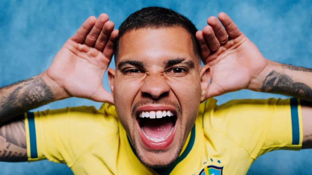 Player in Brazil jersey making a playful gesture Player in Brazil jersey making a playful gesture