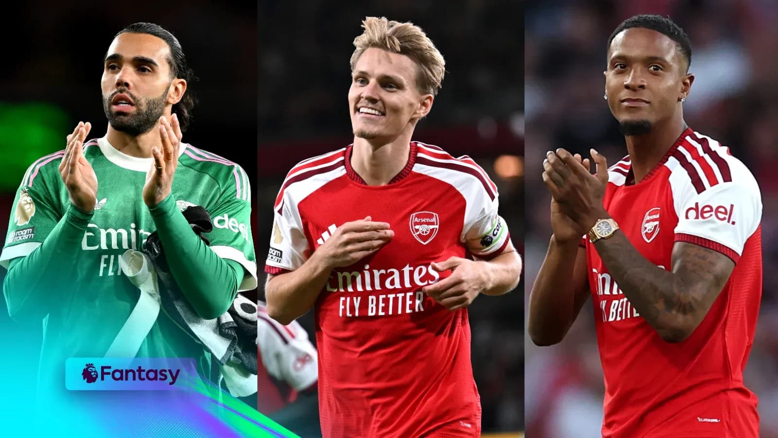 Three Arsenal players celebrating after a match Three Arsenal players celebrating after a match