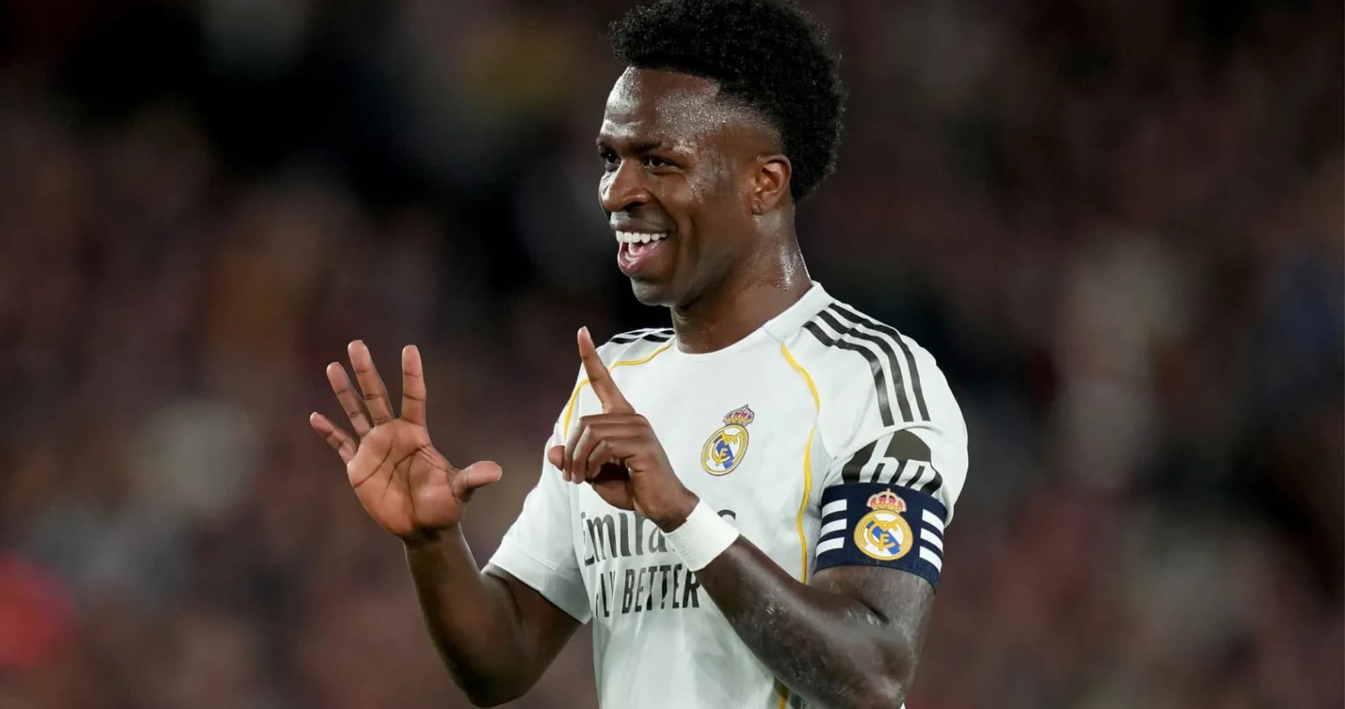 Player celebrating during match in Real Madrid kit Player celebrating during match in Real Madrid kit