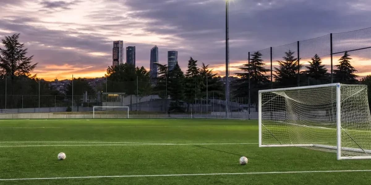 Football pitch at sunset with two soccer balls Football pitch at sunset with two soccer balls