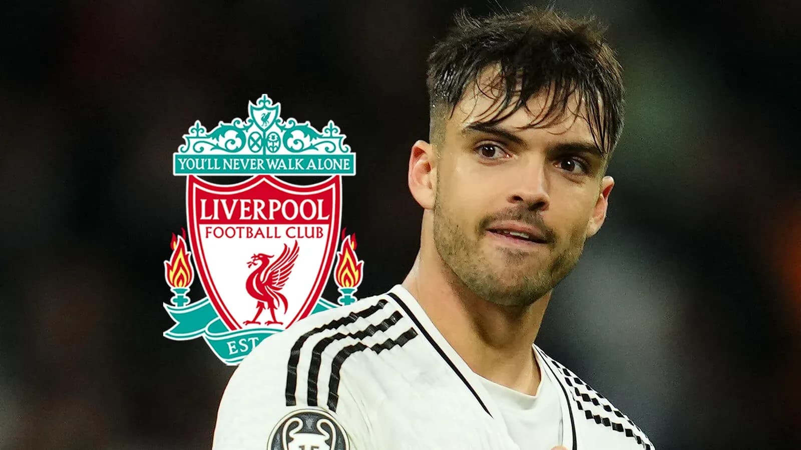 Player posing with Liverpool FC logo background Player posing with Liverpool FC logo background