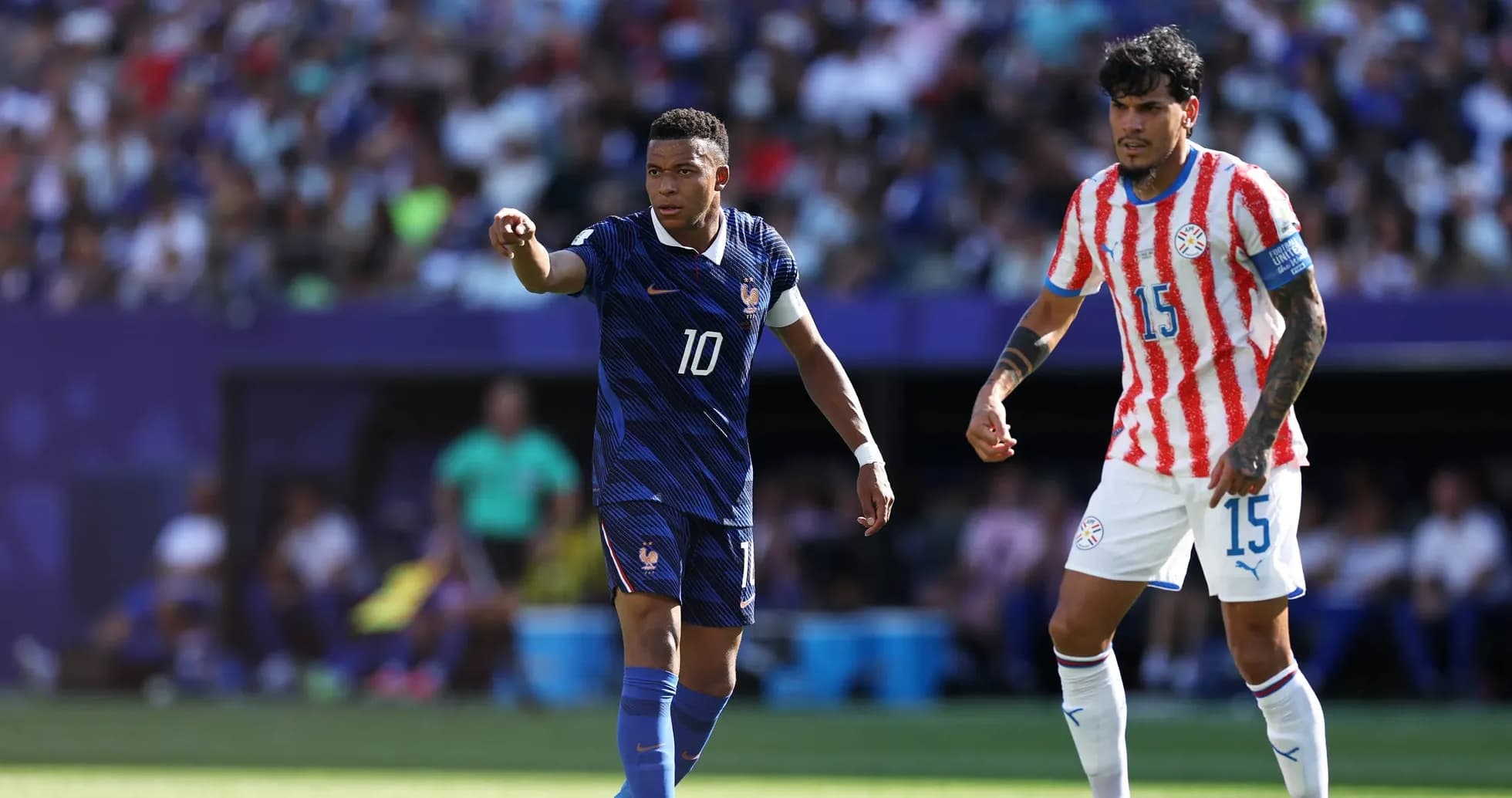 Mbappe directing play during Paraguay vs France match Mbappe directing play during Paraguay vs France match