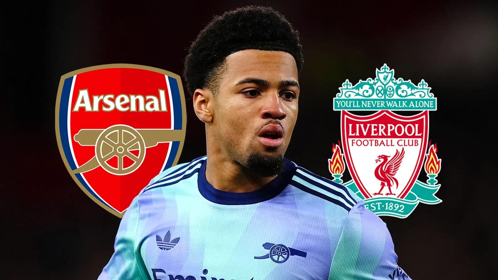Player with Arsenal and Liverpool logos in background Player with Arsenal and Liverpool logos in background