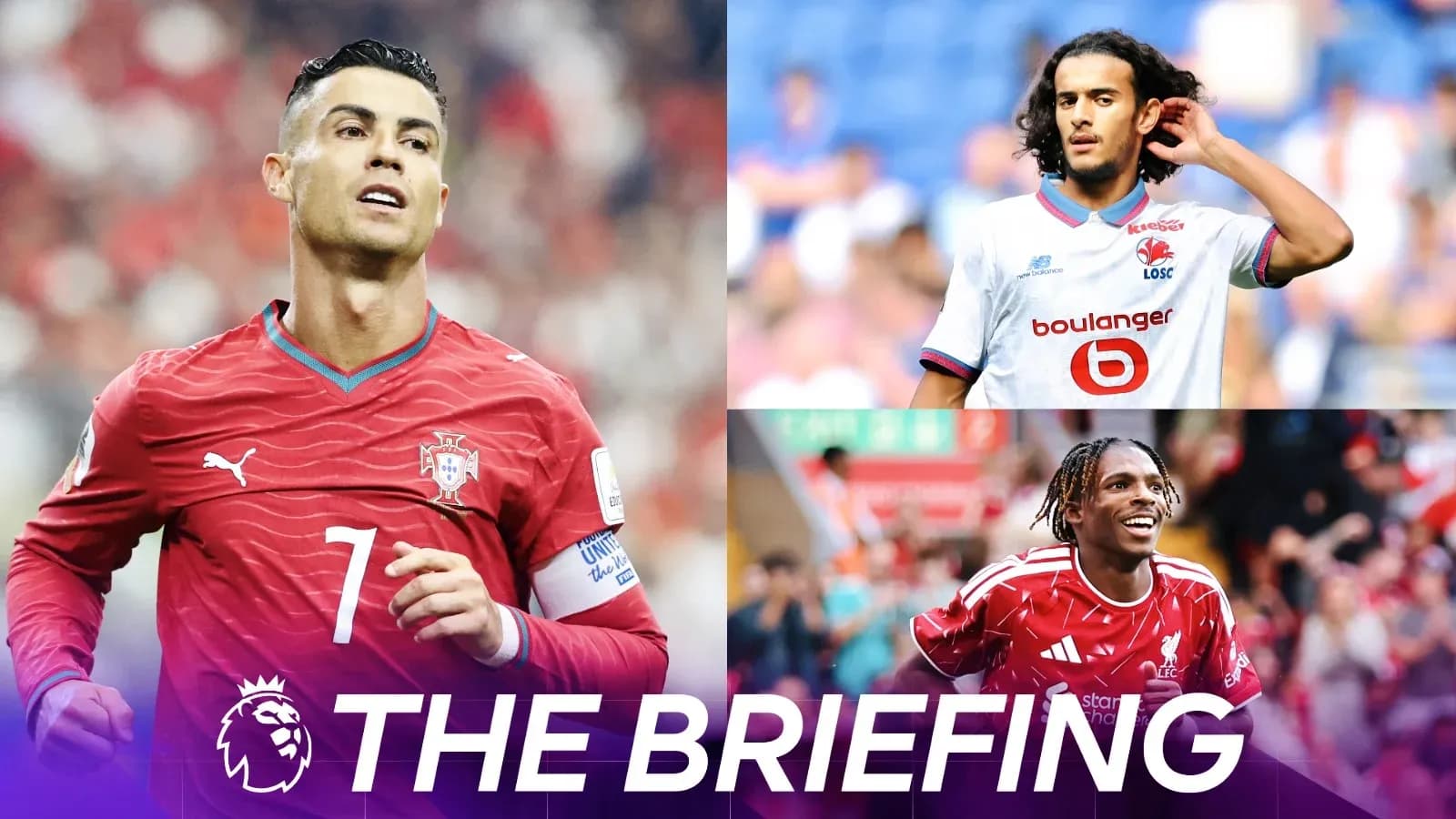 Three football players from different teams in action Three football players from different teams in action