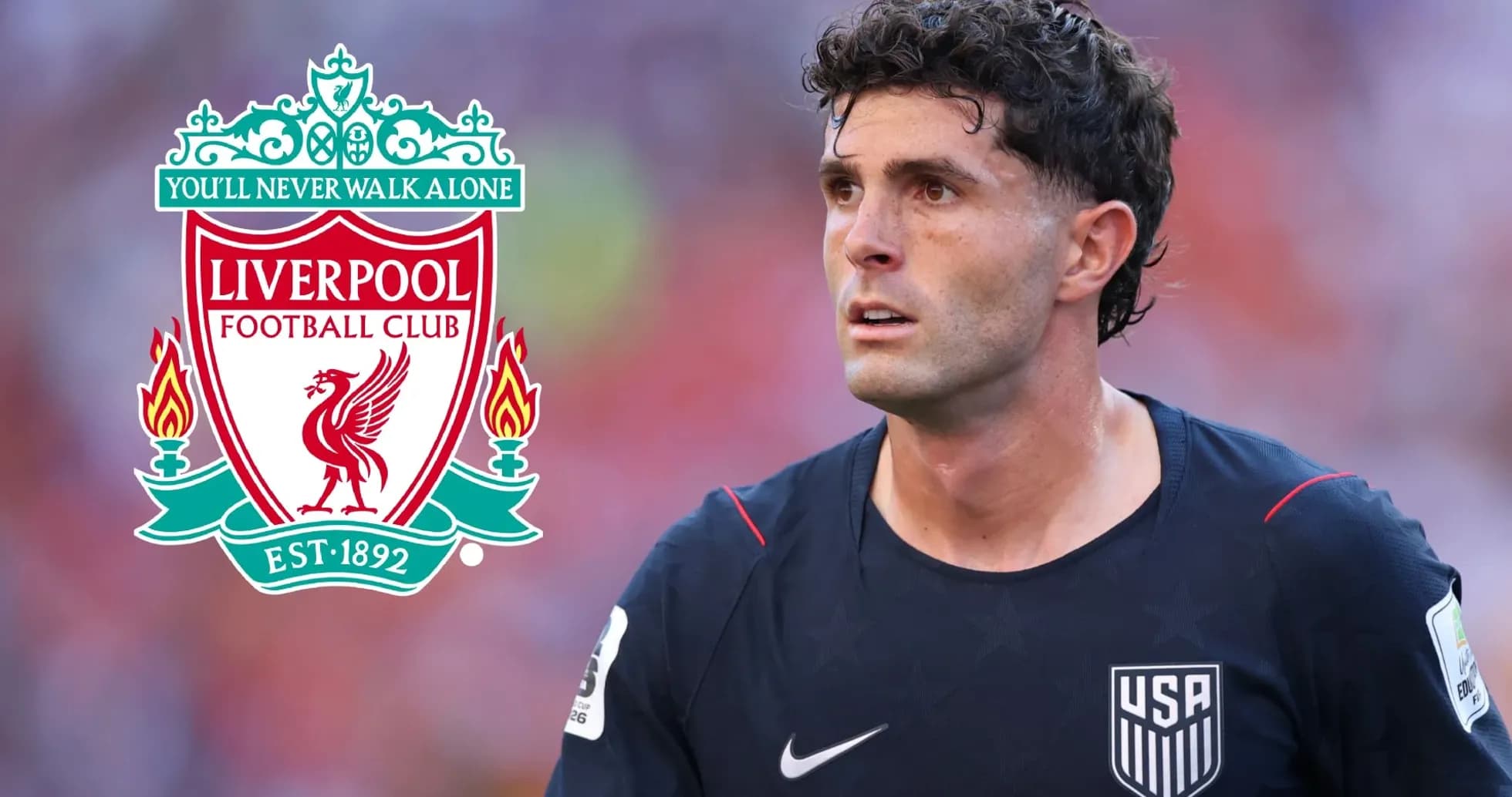 Player wearing USA jersey with Liverpool logo background Player wearing USA jersey with Liverpool logo background