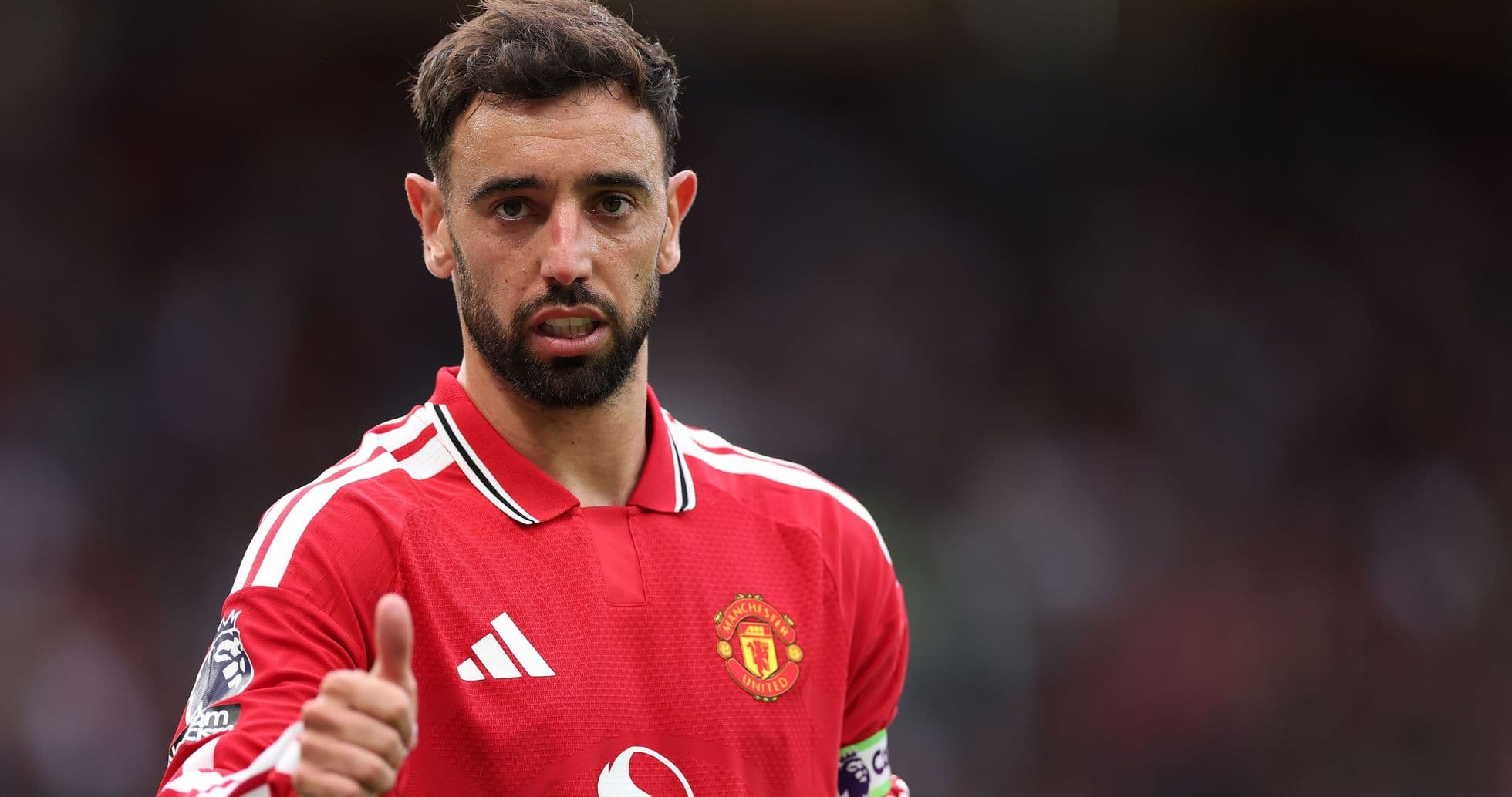 Bruno Fernandes in Manchester United jersey giving thumbs up Bruno Fernandes in Manchester United jersey giving thumbs up