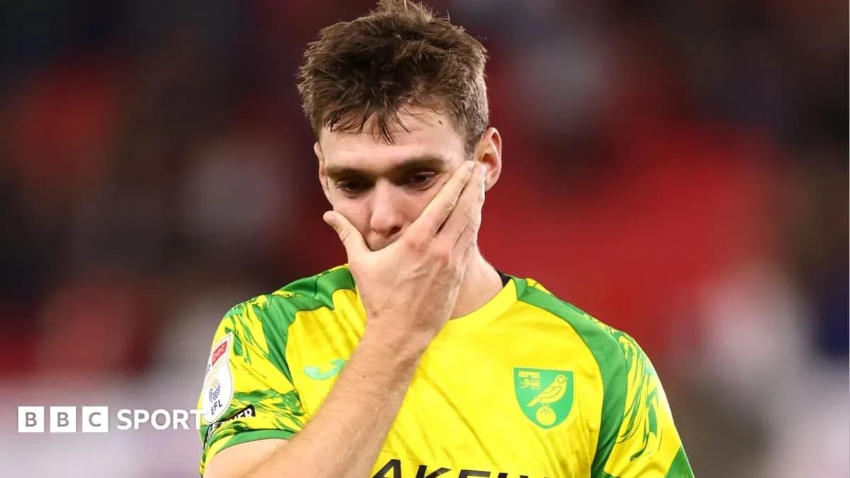 Player in Norwich City kit looking distressed on field Player in Norwich City kit looking distressed on field