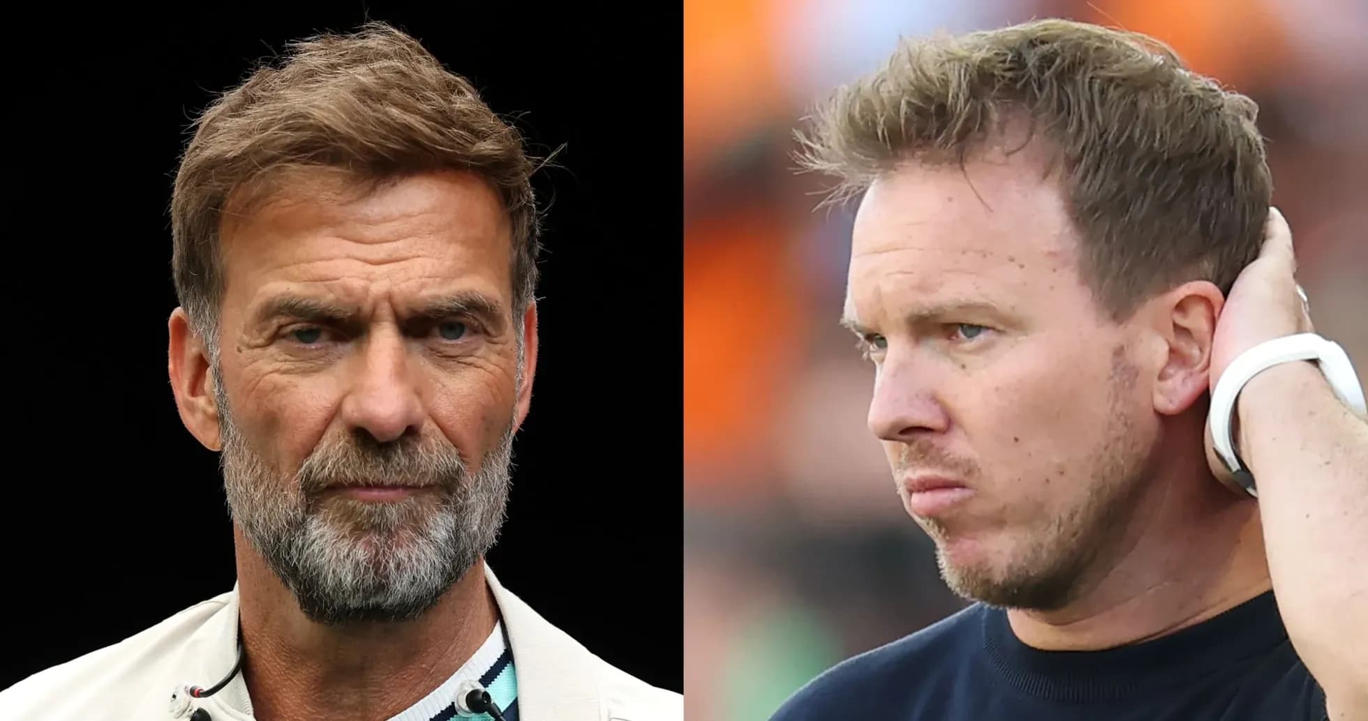 Two football managers in a split-screen image Two football managers in a split-screen image