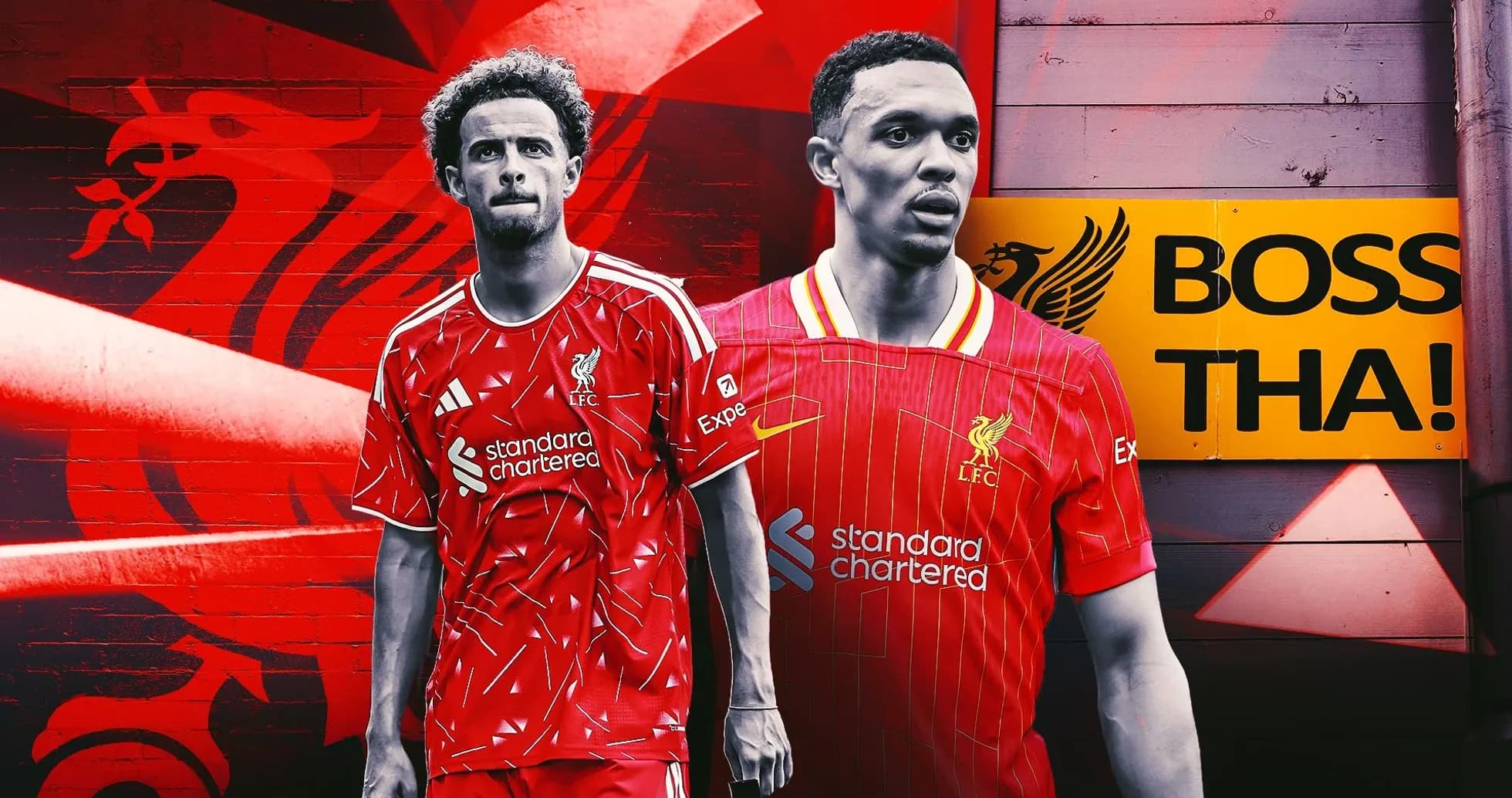 Two Liverpool players posing in home jerseys Two Liverpool players posing in home jerseys