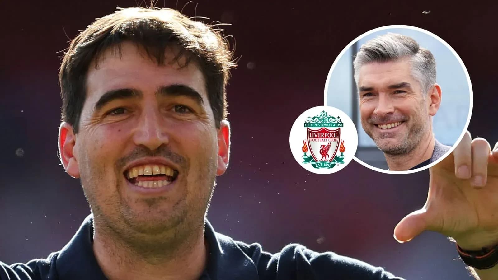 Coach celebrating with Liverpool logo in background Coach celebrating with Liverpool logo in background