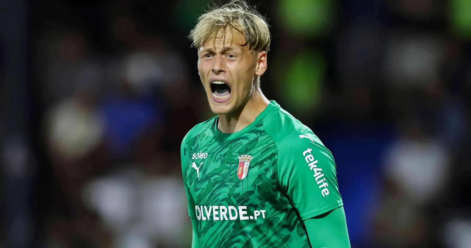 Goalkeeper yelling during a match in green kit Goalkeeper yelling during a match in green kit