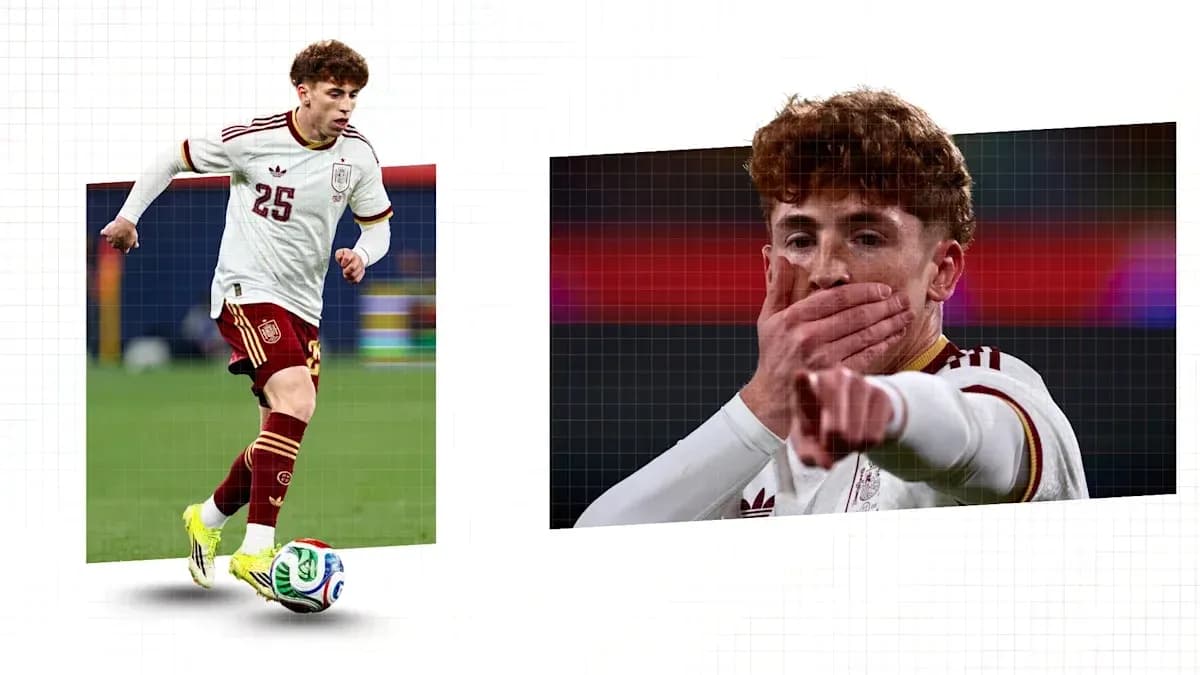 Player in Spain kit dribbling and celebrating goal Player in Spain kit dribbling and celebrating goal
