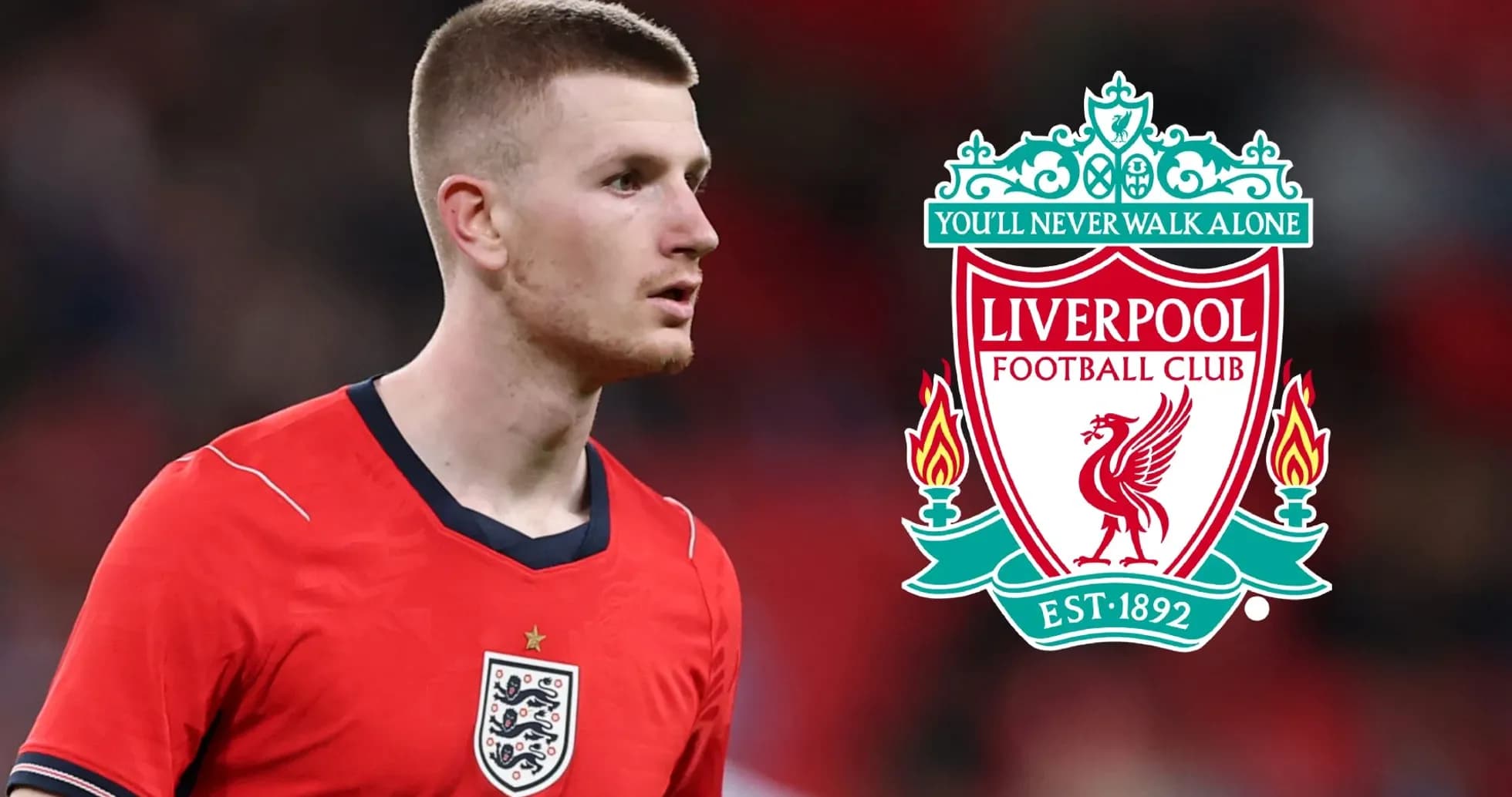 Player in England kit beside Liverpool FC logo Player in England kit beside Liverpool FC logo