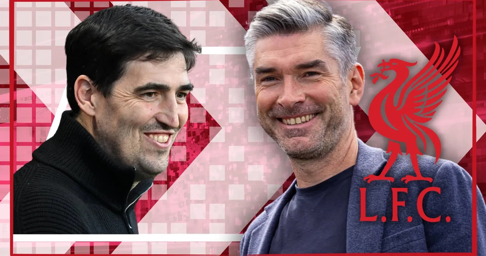Two football coaches smiling against Liverpool background Two football coaches smiling against Liverpool background