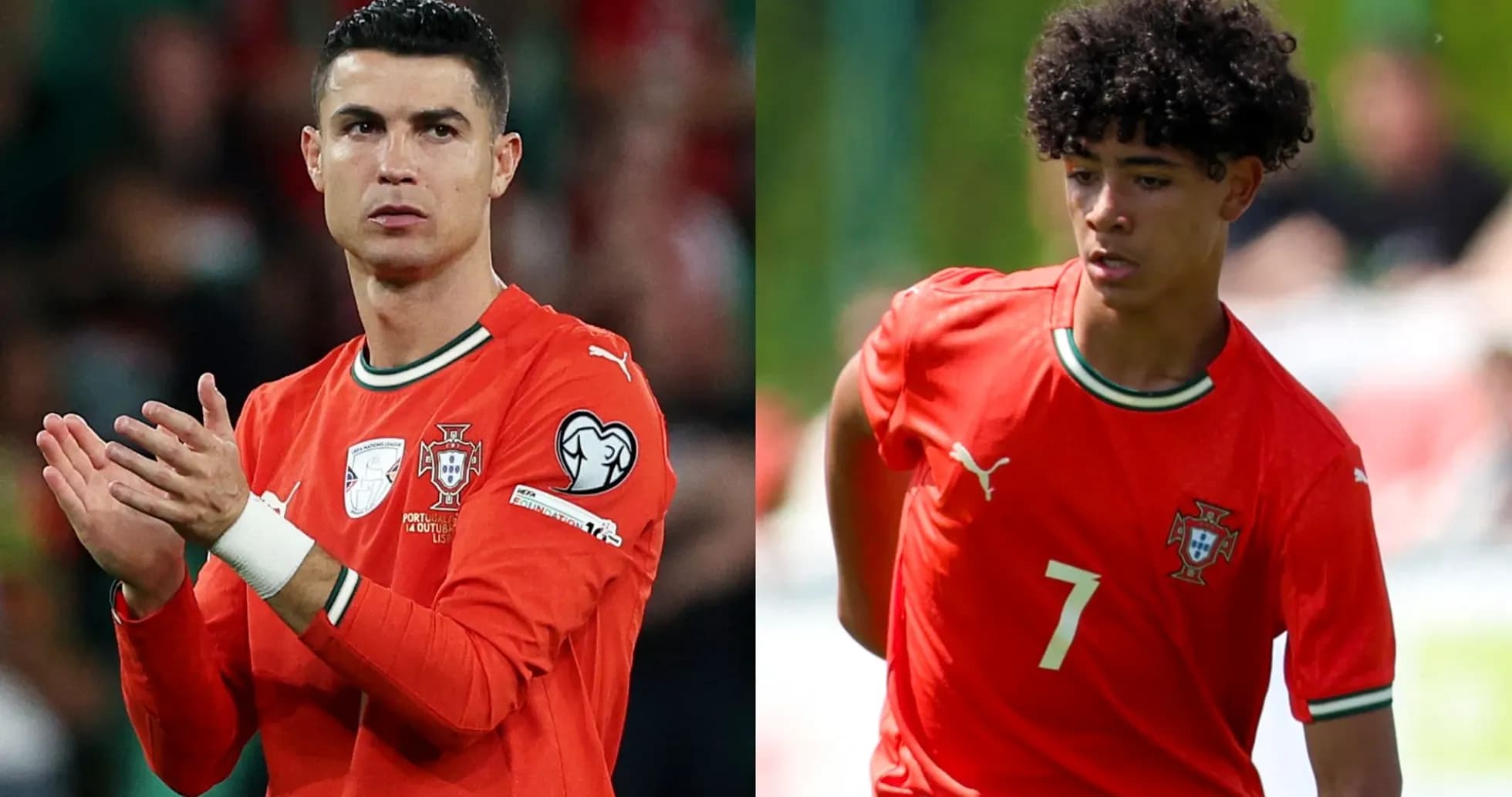 Two Portuguese players in red jerseys on field Two Portuguese players in red jerseys on field