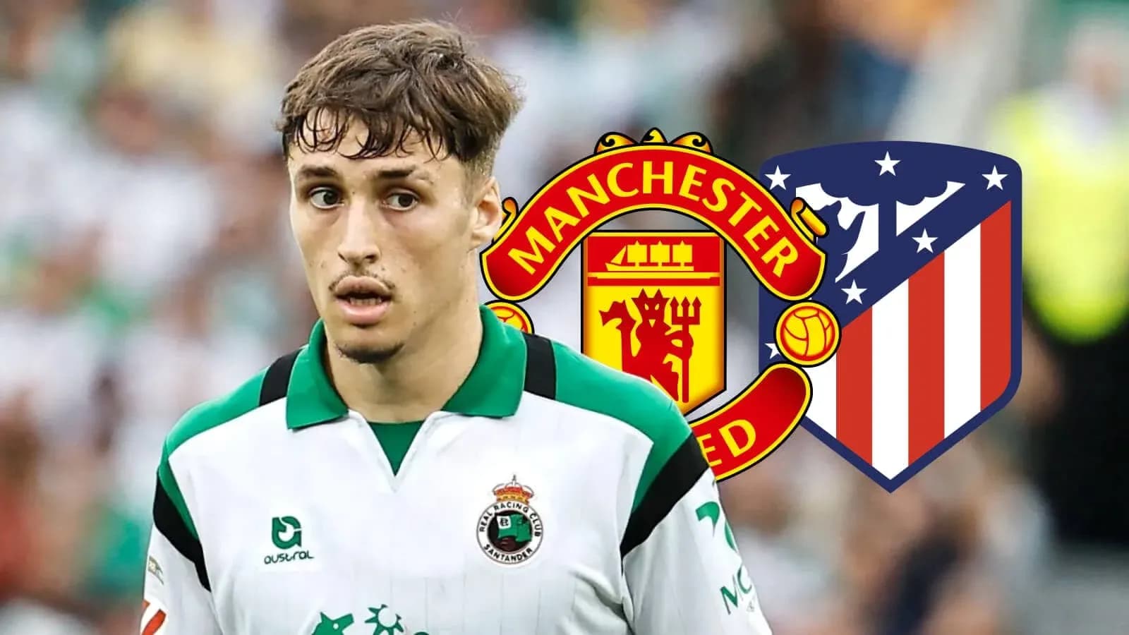 Player in jersey with Manchester United and Atletico logos Player in jersey with Manchester United and Atletico logos