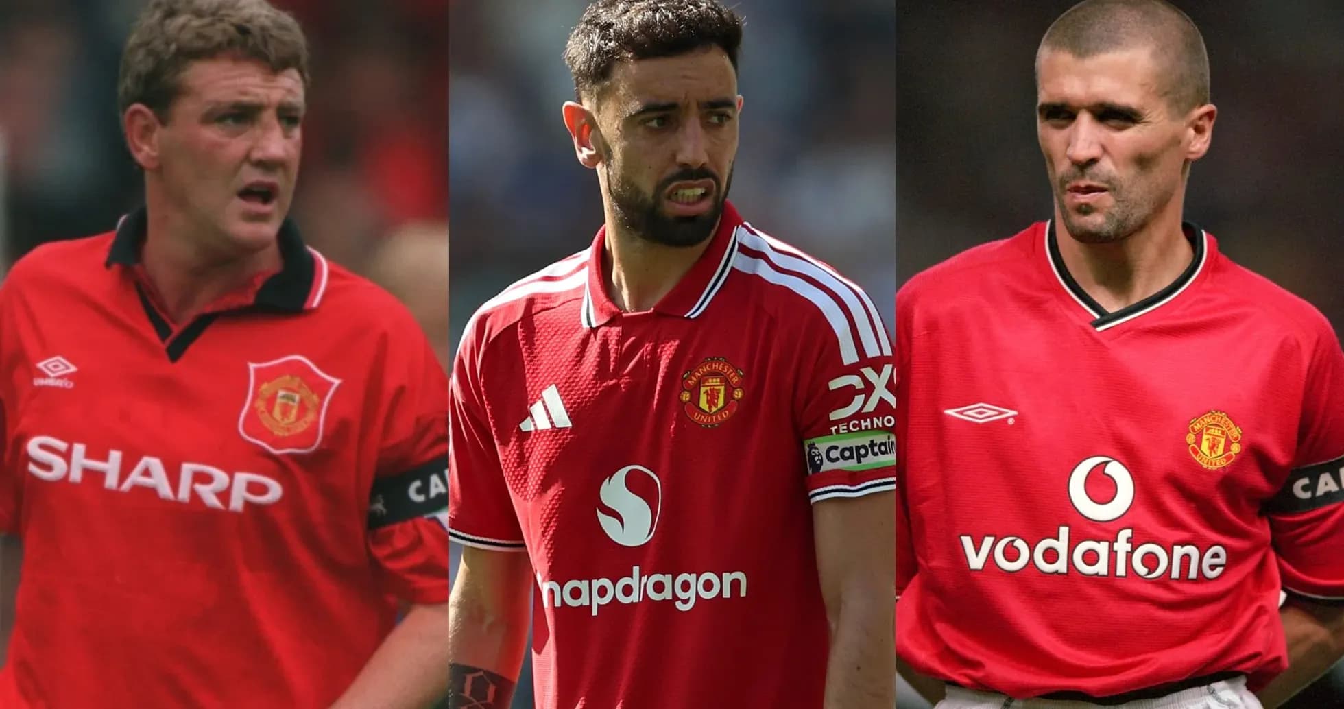 Three Manchester United players in red jerseys Three Manchester United players in red jerseys