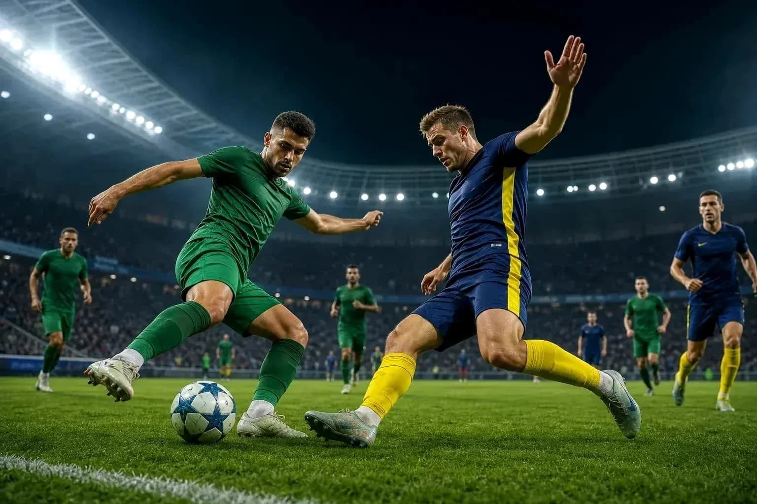 Players competing for the ball in UEFA match Players competing for the ball in UEFA match