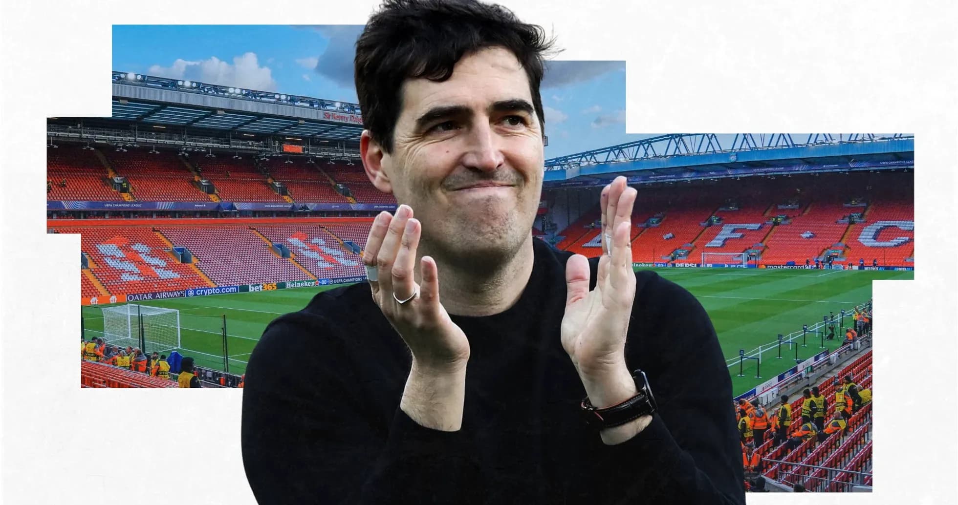 Person applauding in empty stadium with Liverpool branding Person applauding in empty stadium with Liverpool branding