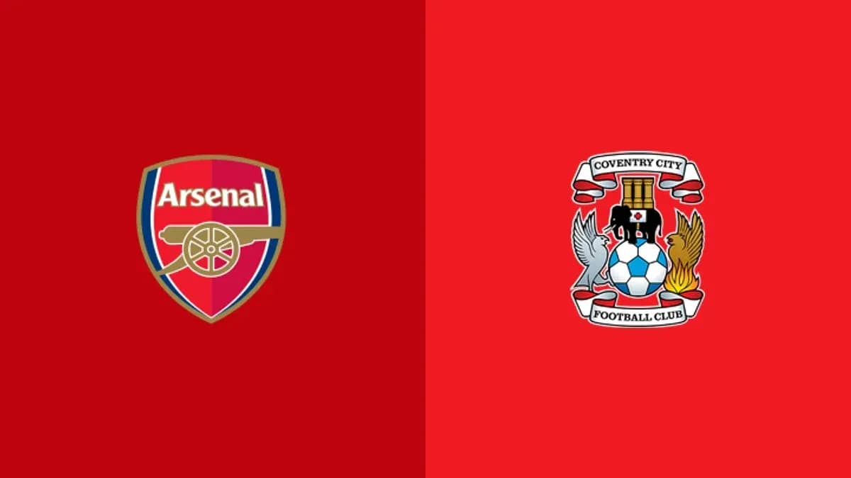 Logos of Arsenal and Coventry City on red background Logos of Arsenal and Coventry City on red background